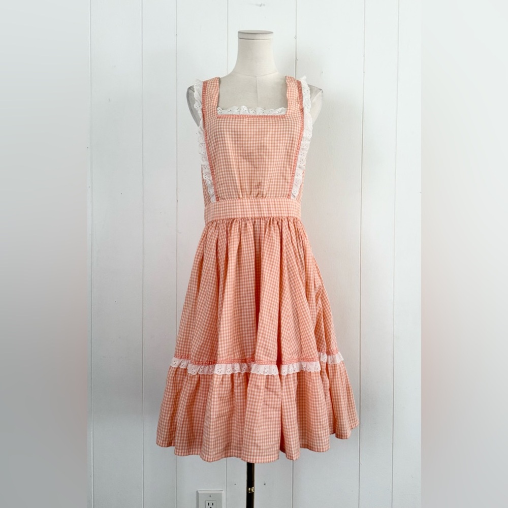 Vintage Peach Gingham Prairie Pinafore Dress & Vest Set Picnic 1970s Handmade